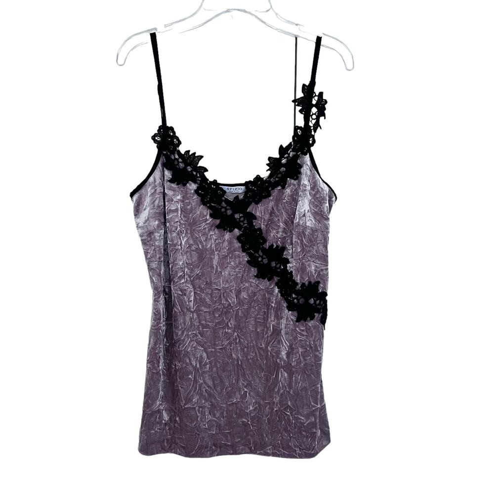Sfizio Tan Crushed Velvet Velour Crochet Trim Camisole Tank Baby Doll Top 4